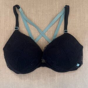 Victoria's Secret Black Lace Push-Up Bra with Teal Crisscross Straps